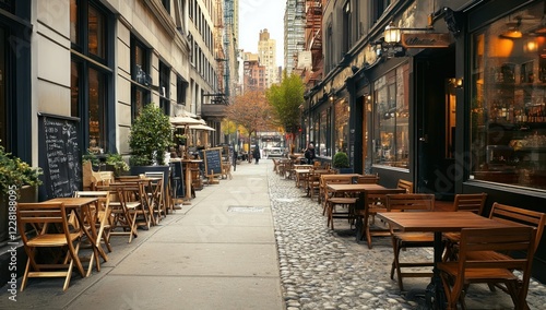 Cobblestone Street with Outdoor Cafe Seating in New York City