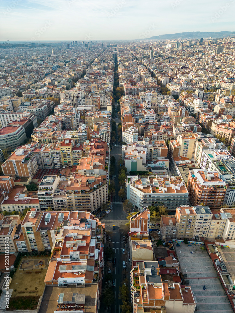 Obraz premium Barcelona city buildings from drone above 