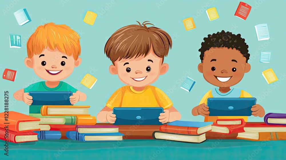 Happy children studying with tablets and books in a classroom setting Happy children studying with tablets and books in a classroom setting