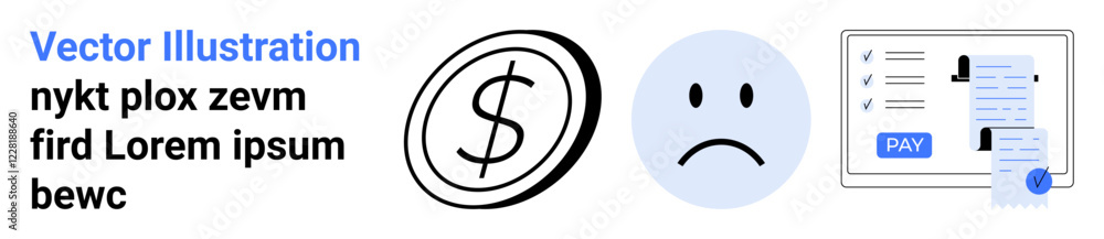 Dollar coin, sad face emotion, and online payment form with receipt highlight financial strain. Ideal for personal finance, budgeting, debt, online payments, emotional stress, spending habits Dollar coin, sad face emotion, and online payment form with receipt highlight financial strain. Ideal for personal finance, budgeting, debt, online payments, emotional stress, spending habits