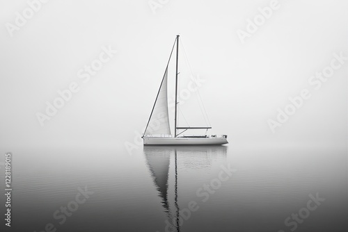 ultra-minimalist shot of solitary white yacht drifting in thick morning fog its sails down calm water reflecting its