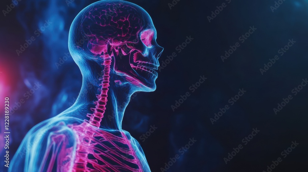 An abstract image of the human skeletal system with glowing bones and a dark, fluid background, Neon style
