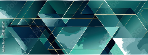 Geometric abstract luxury dark green-blue and gold background with triangles, watercolor style, vector wallpaper.