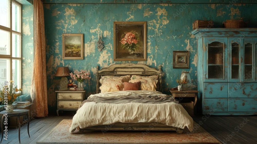 Fototapeta premium Rustic Vintage Bedroom Featuring Antique Furniture and Artwork