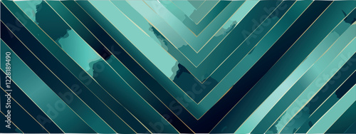 Geometric abstract luxury dark green-blue and gold background with triangles, watercolor style, vector wallpaper.