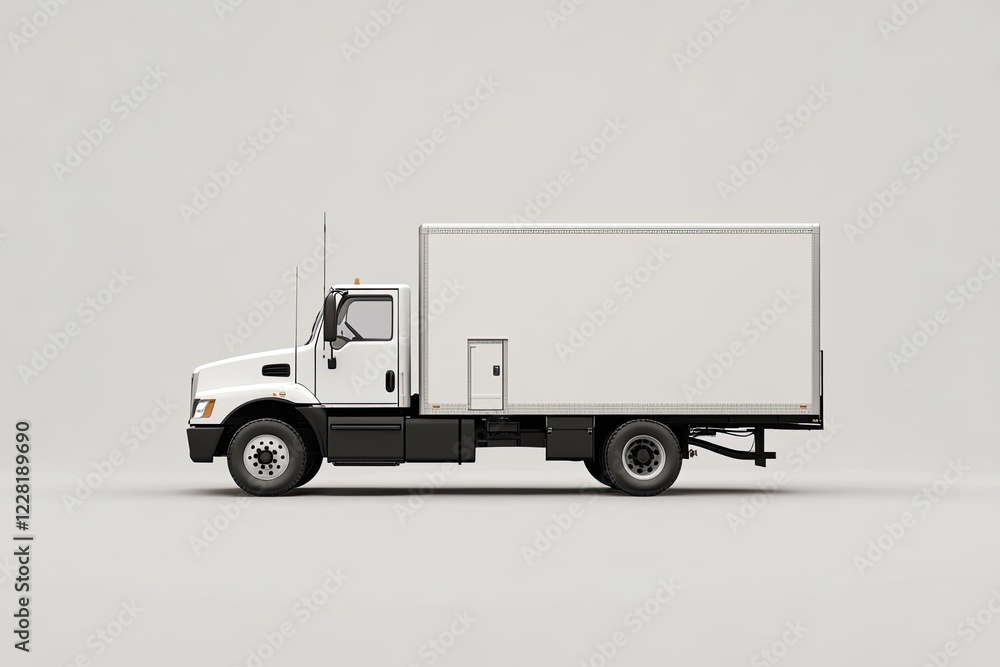 White delivery truck, side view, studio shot, blank background, transport logistics White delivery truck, side view, studio shot, blank background, transport logistics