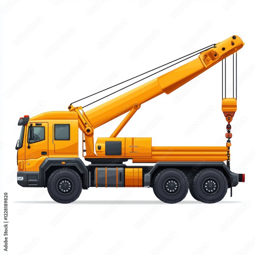 Naklejka premium Crane Truck isolated on white background. Heavy Machinery. Construction Vehicle. Mobile Crane. Truck with Crane Arm. Crane Truck Design Element. Realistic Crane Truck isolated for Designers.