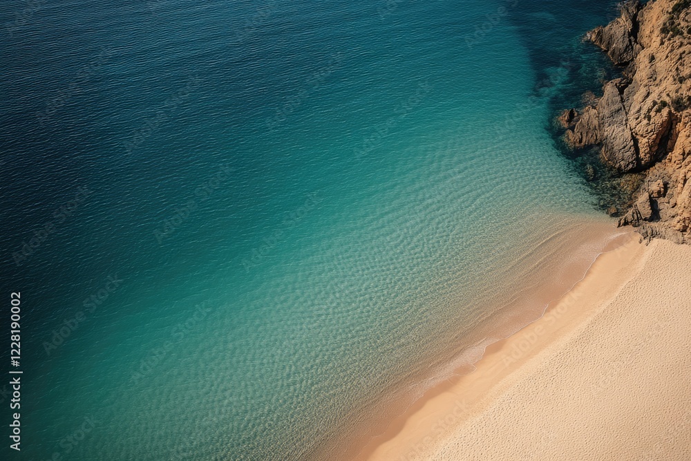 aerial orthographic view of secluded turquoise lagoon along rugged costa brava coastline where dramatic cliffs plunge
