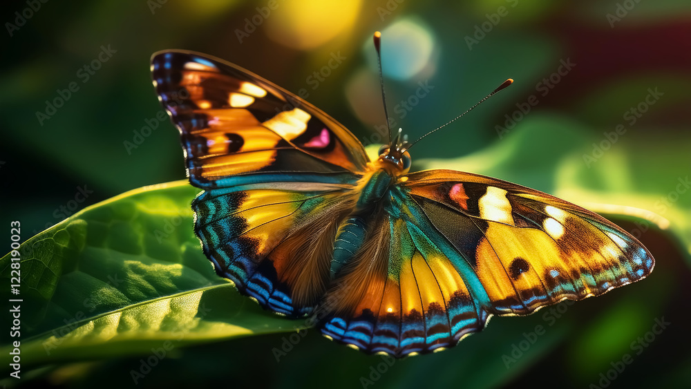Naklejka premium A vibrant butterfly with striking orange, black, and blue patterns on its wings rests on a green leaf, illuminated by warm sunlight, showcasing the beauty of nature.