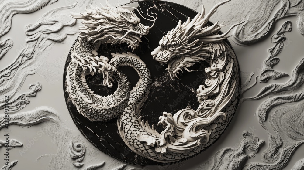 Yin Yang Dragons Sculpture, Marble Base, Abstract Background, Asian Art, Design Element Yin Yang Dragons Sculpture, Marble Base, Abstract Background, Asian Art, Design Element