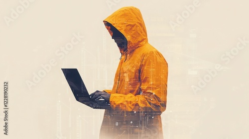 Mysterious figure in a yellow hooded jacket uses a portable computer, digital data superimposed.  Intriguing, tech-focused image.