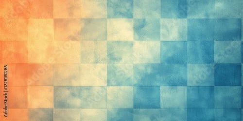 Abstract checkered pattern transitioning from warm orange to cool blue tones