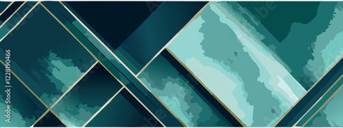 Geometric abstract luxury dark green-blue and gold background with triangles, watercolor style, vector wallpaper.