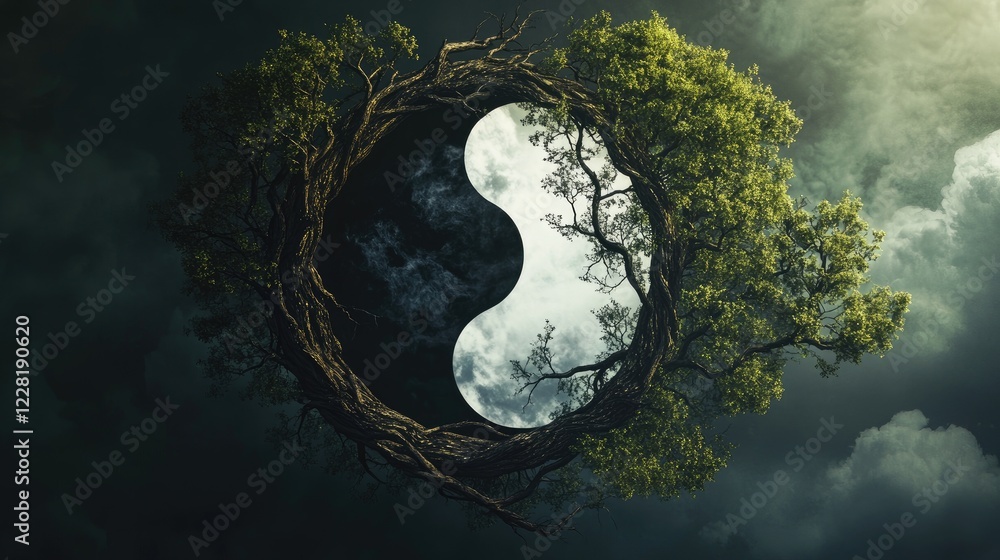 Naklejka premium Yin Yang Tree, Night Sky, Balance, Nature, Concept Art, Spiritual, Meditation, Design Element