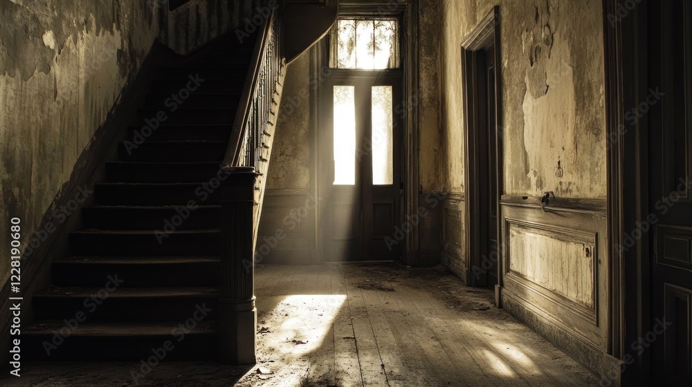 Obraz premium Sunlit Staircase In A Derelict Old House