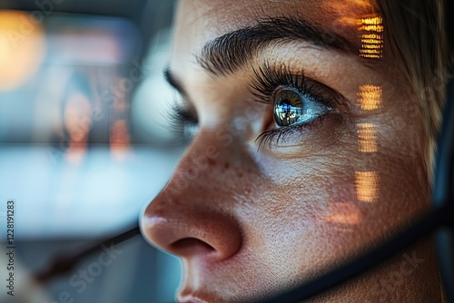ultra-realistic close-up portrait of professional interpreter inside glass translation booth wearing headset eyes locked