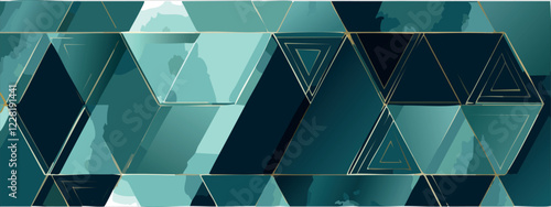 Geometric abstract luxury dark green-blue and gold background with triangles, watercolor style, vector wallpaper.