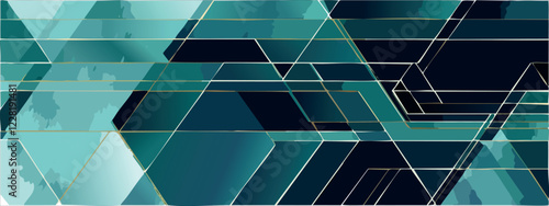 Geometric abstract luxury dark green-blue and gold background with triangles, watercolor style, vector wallpaper.