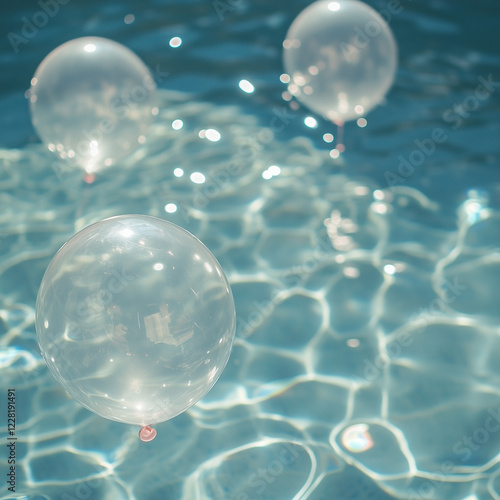 
Several water balloons floating in a clear swimming pool, with sunlight reflecting off the water and the balloons gently bobbing on the surface. photo