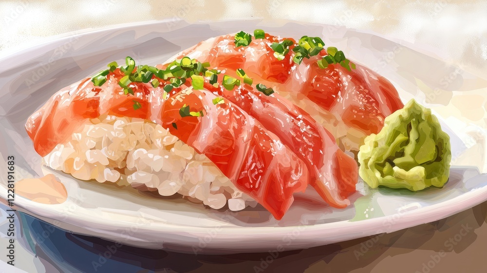 A plate of sushi with a green sauce on top A plate of sushi with a green sauce on top