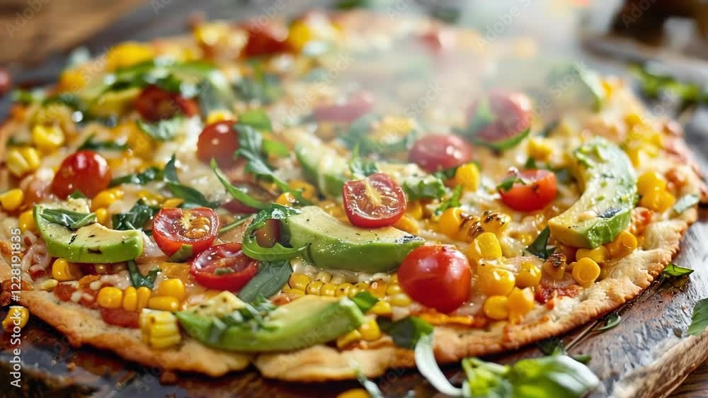 Freshly baked vegetarian pizza with mozzarella cheese, corn, avocado, cherry tomatoes, arugula and tomato sauce on a thin crispy crust Freshly baked vegetarian pizza with mozzarella cheese, corn, avocado, cherry tomatoes, arugula and tomato sauce on a thin crispy crust