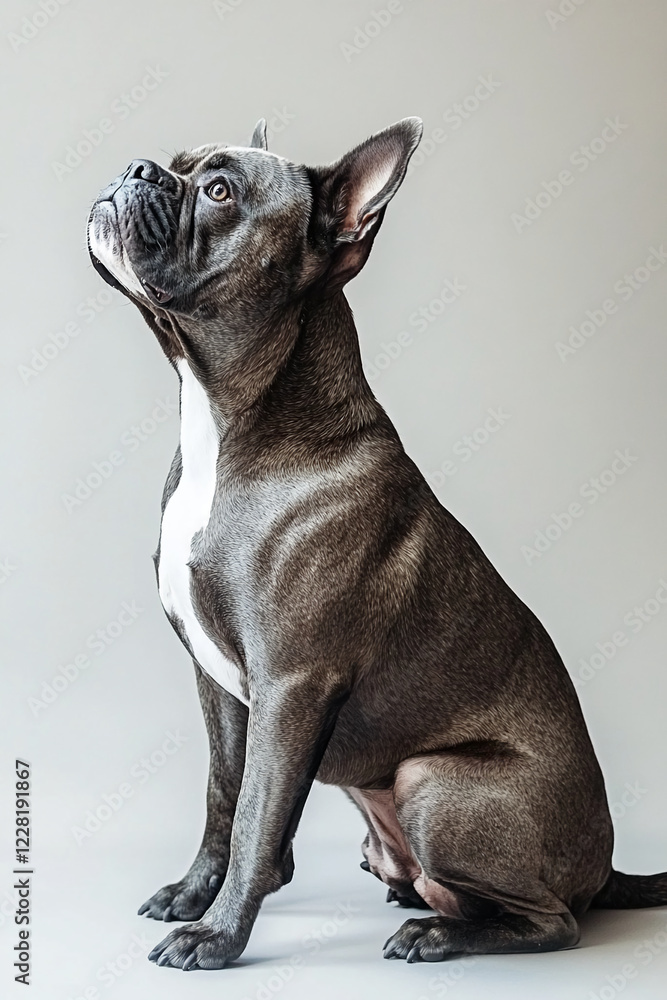 Obraz premium Portrait of a grey French Bulldog sitting gracefully against a neutral background, symbolizing strength, loyalty, and companionship