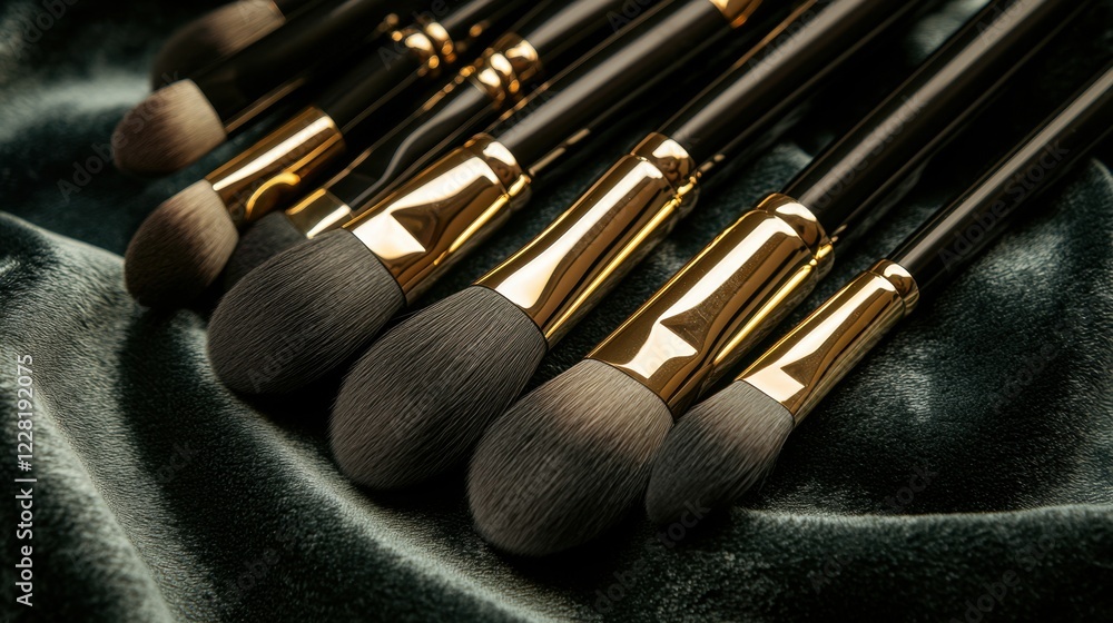 A collection of makeup brushes are displayed on a green velvet cloth A collection of makeup brushes are displayed on a green velvet cloth
