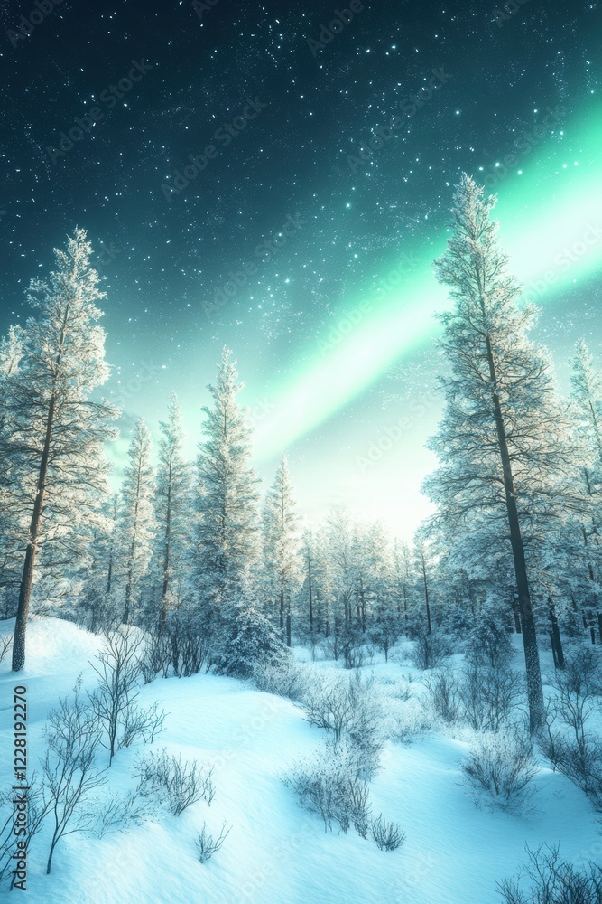 Beautiful aurora and winter landscape with snow forest. Beautiful aurora and winter landscape with snow forest.