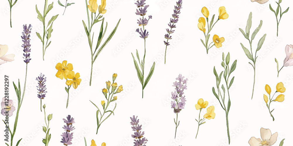 Vector seamless pattern in a Provence style with lavender flowers, arrangements, leaves and herbs hand drawn in watercolor on a white background. Ideal for wallpaper Vector seamless pattern in a Provence style with lavender flowers, arrangements, leaves and herbs hand drawn in watercolor on a white background. Ideal for wallpaper