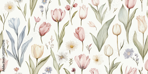 Vector seamless vintage pattern vibrant spring flowers, tulips daffodils lilac for wedding invitations or decorative design.