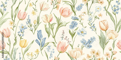 Vector seamless vintage pattern vibrant spring flowers, tulips daffodils lilac for wedding invitations or decorative design.