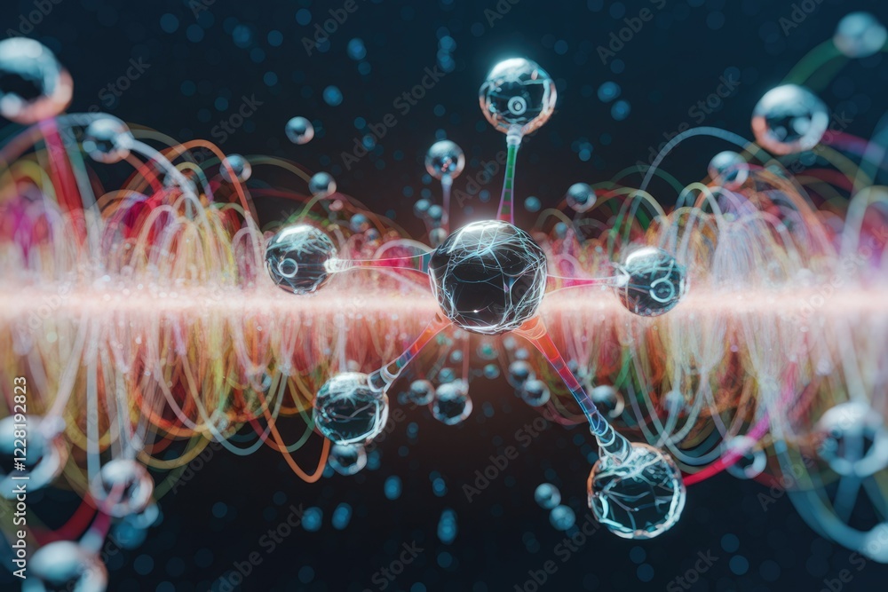Abstract microscopic molecular structure with colorful energy wave background. Abstract microscopic molecular structure with colorful energy wave background.