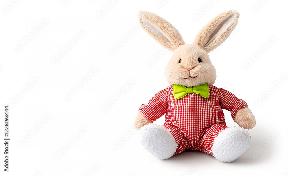 Obraz premium Cute Plush Rabbit Toy Wearing Green Bow Tie in Red Checkered Outfit
