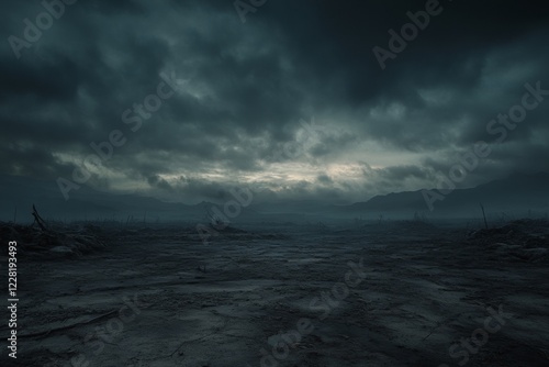 An expanse of desolate land lies empty beneath a foreboding sky, filled with ominous fallout clouds casting shadows over the cracked earth, creating an eerie environment photo