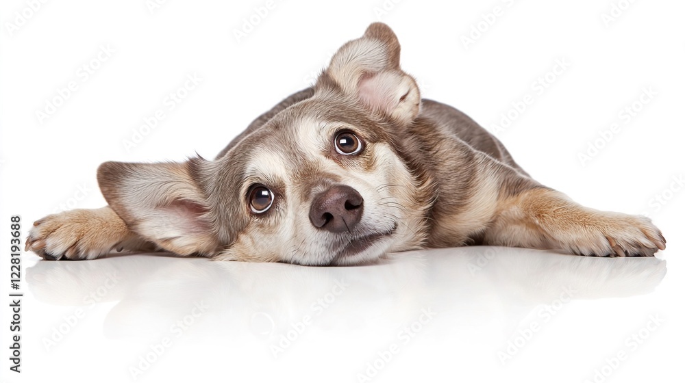 Fototapeta premium Playful Dog Lying on White Background with Charming Expression