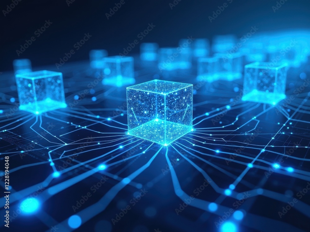 Representation of blockchain technology with glowing cubes and network connections depicting data transactions and digital innovations Representation of blockchain technology with glowing cubes and network connections depicting data transactions and digital innovations