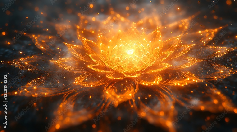 Fototapeta premium A Glowing Golden Lotus Flower Design with Radiant Light and Sparkles on a Dark Background