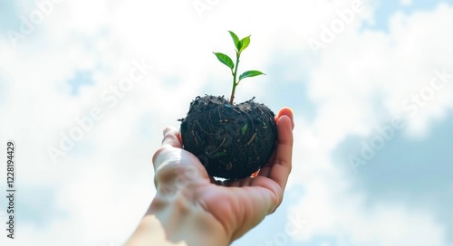 man's hand holds a seed ball with sprout against the background of a blue sky. earth balls. nendo dango. Guerrilla gardening