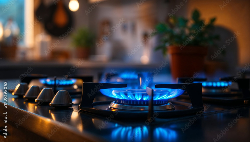 Obraz premium Bright blue flames dance on a gas stove in a cozy kitchen during evening hours