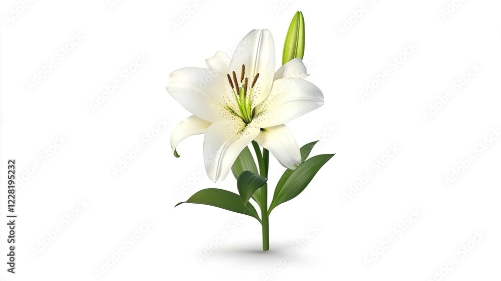 Fototapeta premium Elegant White Lily Flower with Green Leaves on a Clean Background