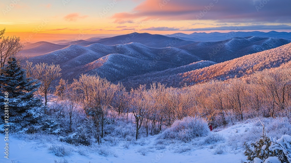 Frosty mountain sunrise panorama hiker in winter wonderland, scenic Appalachian vista Frosty mountain sunrise panorama hiker in winter wonderland, scenic Appalachian vista