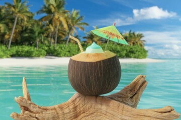 Stickers  Refreshing coconut cocktail on a tropical beach with palm trees, a perfect summer escape.  © Vibudhaart