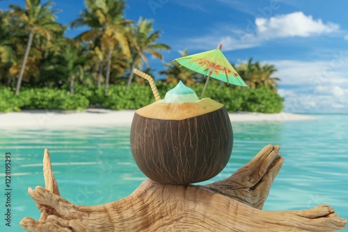 Wallpaper Mural Refreshing coconut cocktail on a tropical beach with palm trees, a perfect summer escape. Torontodigital.ca