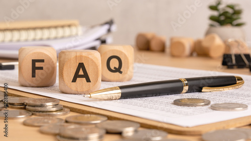 Wooden blocks spelling FAQ on financial documents with coins and a pen, symbolizing finance queries