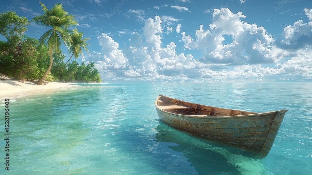 A serene tropical scene with a wooden boat in clear turquoise waters. A serene tropical scene with a wooden boat in clear turquoise waters.