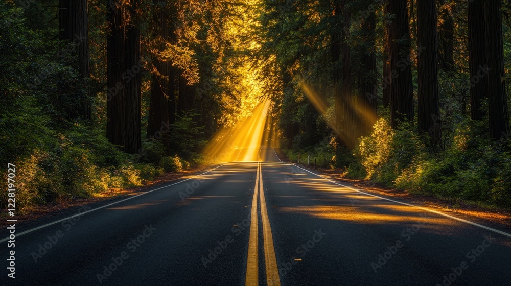 Fototapeta premium Long road through a forest with light filtering through the trees
