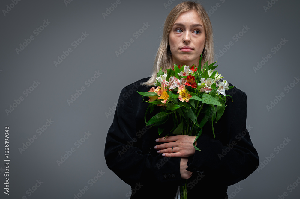 Portrait of a young woman with a bouquet of fresh spring flowers, smiling and excited. Studio shot with soft lighting and a neutral background that captures the emotions and natural beauty
Portrait of a young woman with a bouquet of fresh spring flowers, smiling and excited. Studio shot with soft lighting and a neutral background that captures the emotions and natural beauty