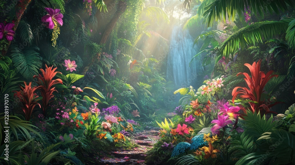Obraz premium Lush Tropical Paradise Waterfall Path Flowers