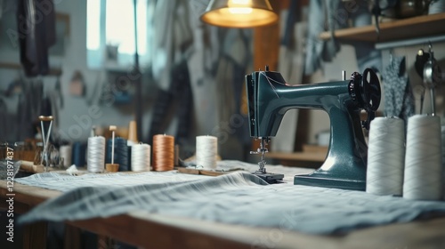 Scene of a sewing setup with a sewing machine. Featuring fabrics and sewing tools. Highlighting the art of sewing. Ideal for fashion and craft magazines. photo