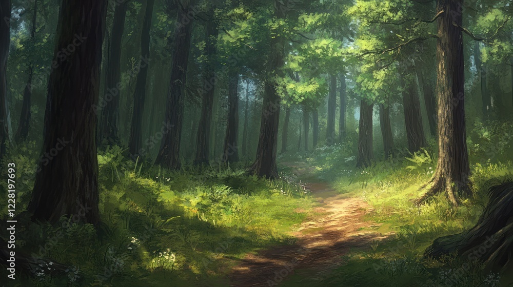 Fototapeta premium Sunlit Path Through A Lush Green Forest